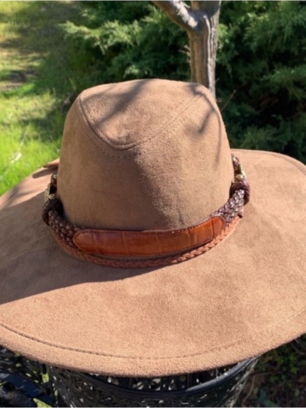 Wide-Brim Tan Suede Western Hat with Braided Leather Band